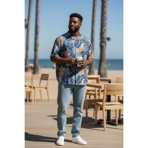 No Boundaries Mens Tropical Palm Sun Print Camp Collar Shirt Blue Orange 2XL